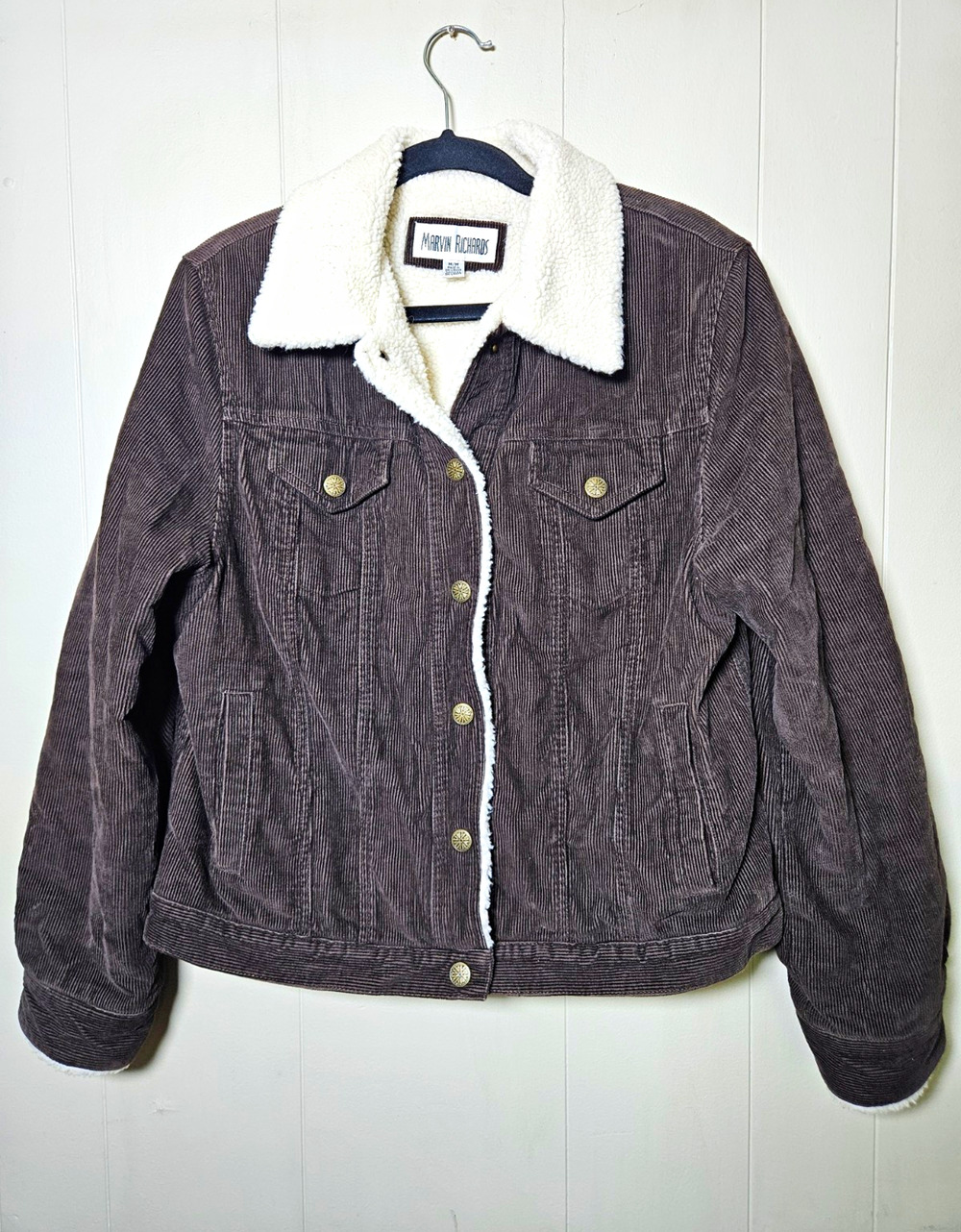 Marvin Richards Brown Corduroy Sherpa Lined Snap Jacket Pockets Size M